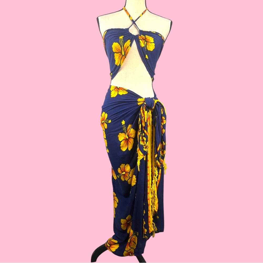 2-Piece Hibiscus Navy Yellow Beach Sarong Pareo Set